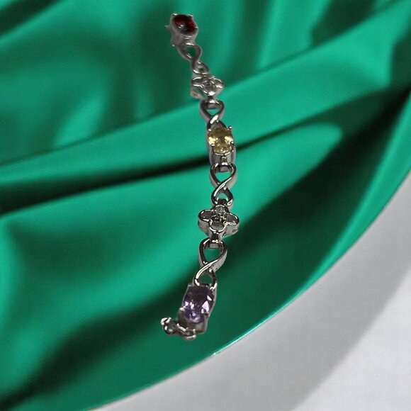 Sterling Silver 925 Bracelet With 3 Multi-Color Gemstones & Infinity Link Design - Picture 7 of 10